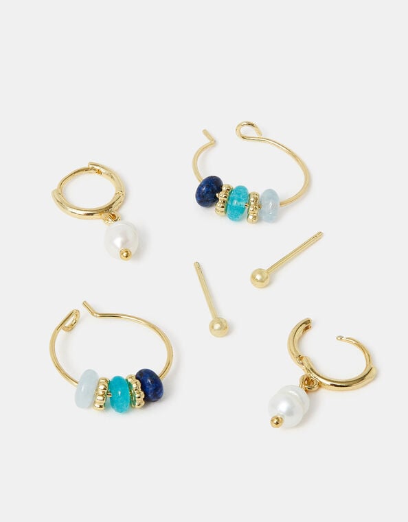 3-Pack 14ct Gold-Plated Stud & Pearl Hoop Earrings, , large