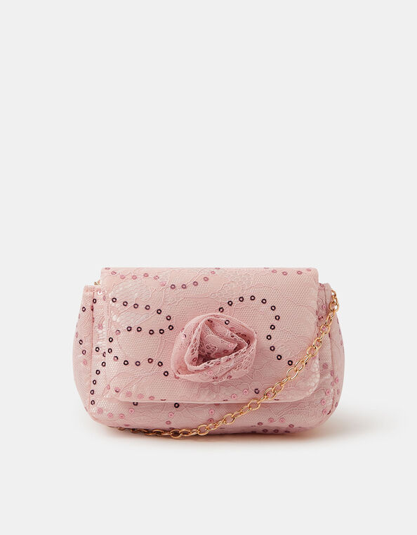 Girls Lace Rosette Sequin Bag, , large