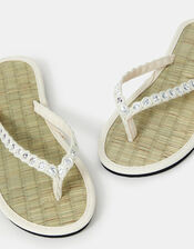 Mirror Embellished Seagrass Flip Flops, Cream (CREAM), large