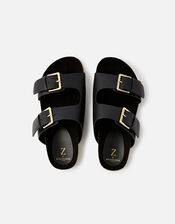 Buckle Footbed Leather Sandals , Black (BLACK), large