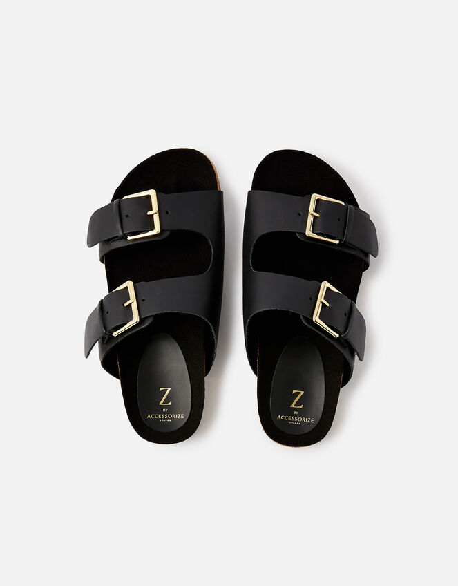 Buckle Footbed Leather Sandals , Black (BLACK), large