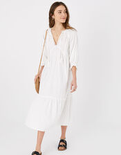 Crinkle Tiered Maxi Dress in Pure Cotton, White (WHITE), large