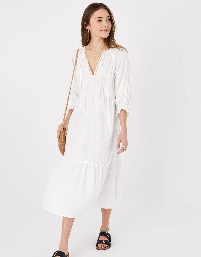 Crinkle Tiered Maxi Dress in Pure Cotton White | Beach holiday dresses ...