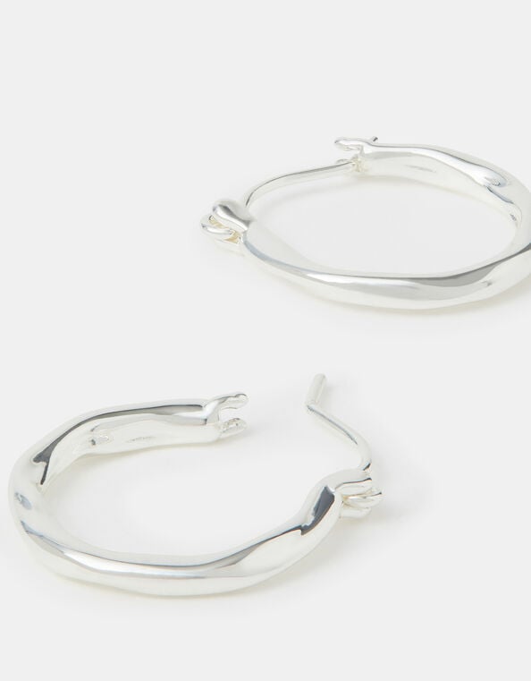 Sterling Silver-Plated Small Molten Hoop Earrings, , large