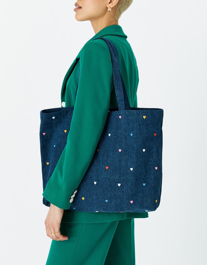 Denim Heart Embroidered Shopper Bag, , large
