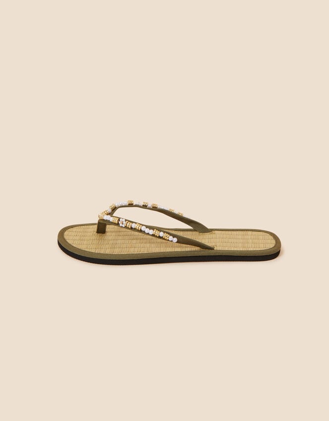Beaded Pearl Seagrass Flip Flops, Green (KHAKI), large