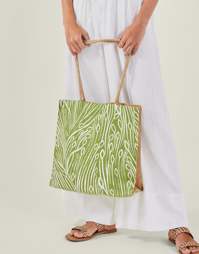 Leaf Print Jute Shopper Bag, , large