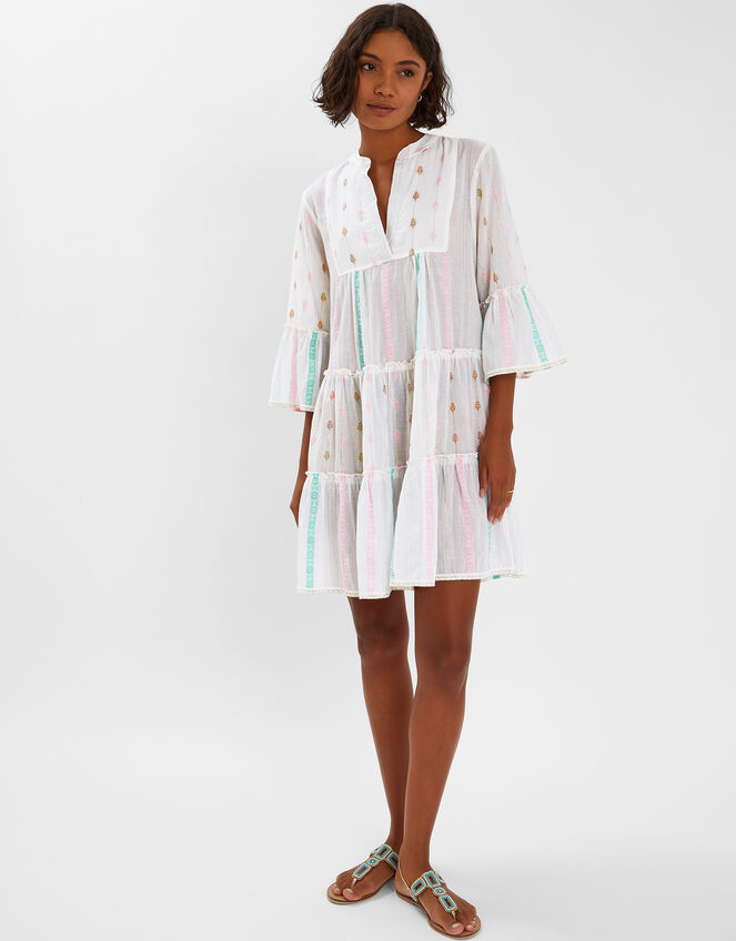 Jacquard Stripe Flute Sleeve Mini Dress, Pink (PINK), large
