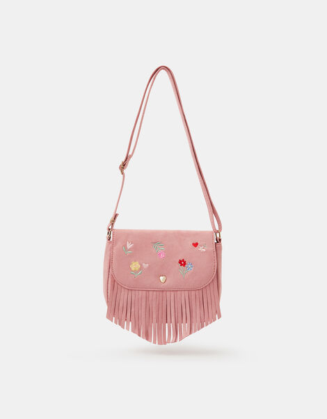 Girls Floral Embroidered Fringe Crossbody Bag, , large