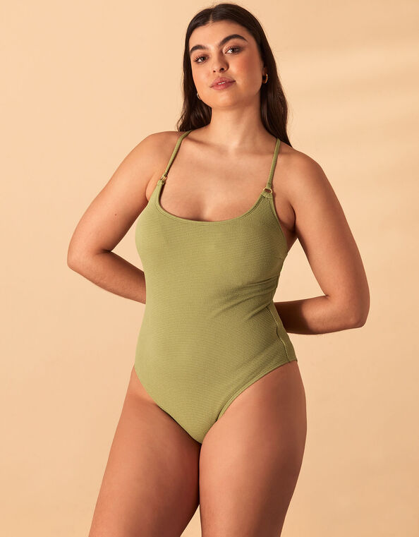 Crinkle Scoop Neck Swimsuit Green, Green (KHAKI), large