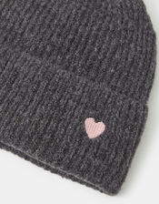 Heart Embroidered Beanie Hat, Grey (GREY), large