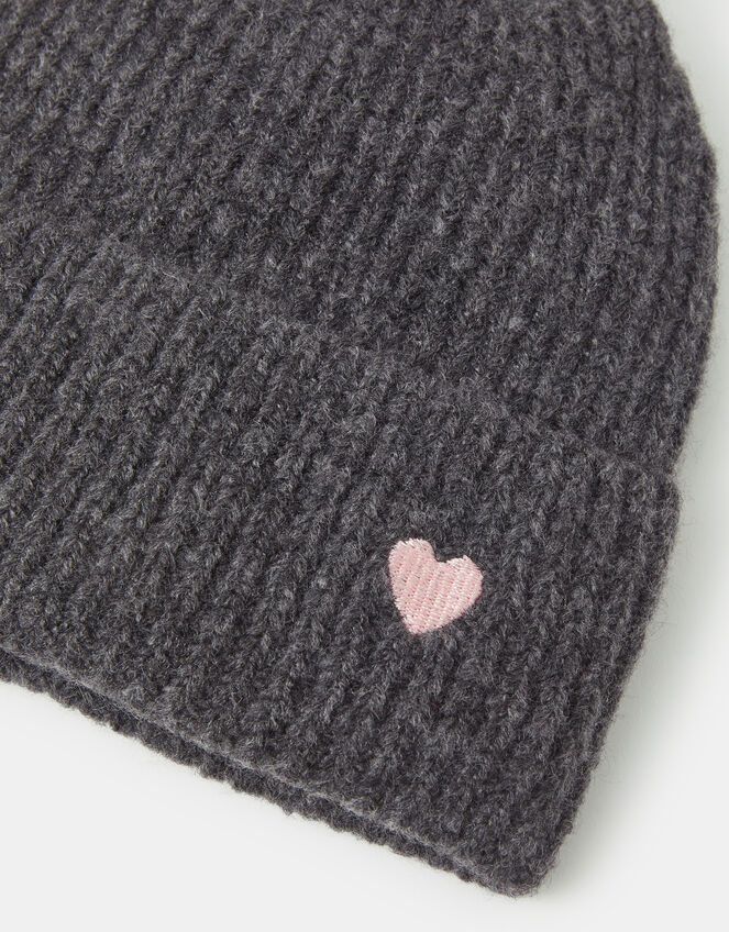 Heart Embroidered Beanie Hat, Grey (GREY), large