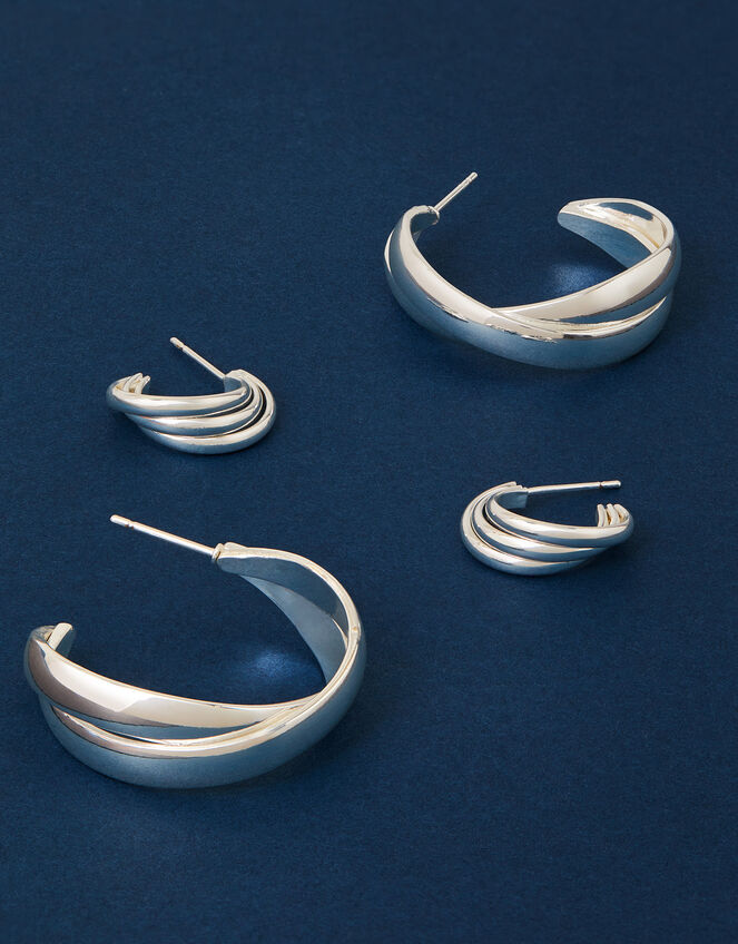 2-Pack Sterling Silver-Plated Chunky Twist Hoop Earrings, , large