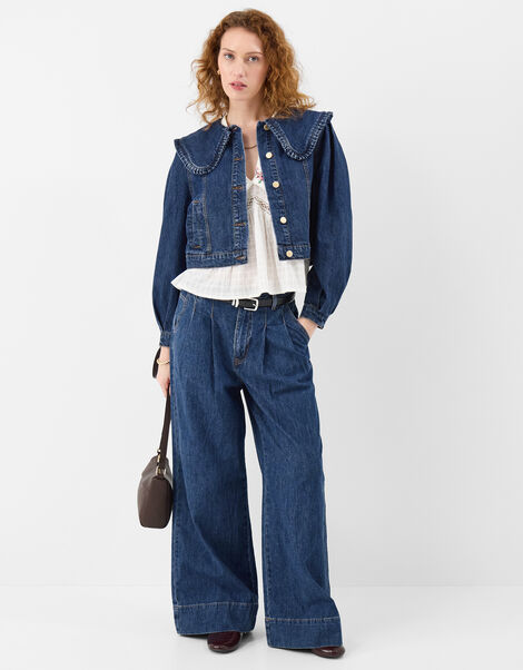 Pleat Waist Wide Leg Jeans, Blue (BLUE), large