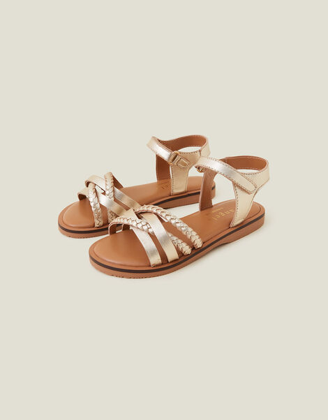 Girls Plait Leather Sandals, Gold (GOLD), large