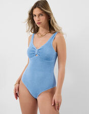Knot Front Crinkle Textured Swimsuit, Blue (BLUE), large