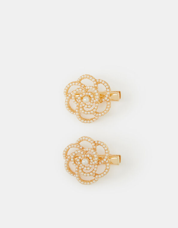 2-Pack Girls Pearl Rose Hair Clips, , large