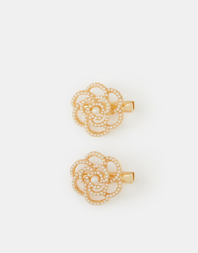 2-Pack Girls Pearl Rose Hair Clips, , large