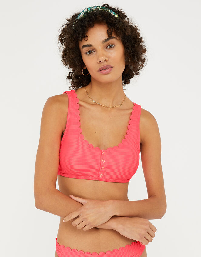 Button Front Bikini Top with Scalloped Edge, Pink (PINK), large