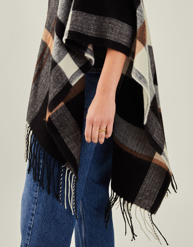 Check Cape Poncho, Black (BLACK), large