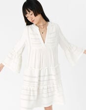 Jacquard Flute Sleeve Dress , White (WHITE), large