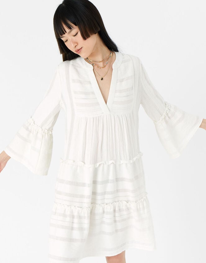 Jacquard Flute Sleeve Dress , White (WHITE), large
