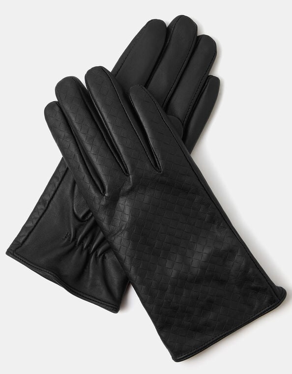 Woven Leather Gloves, Black (BLACK), large