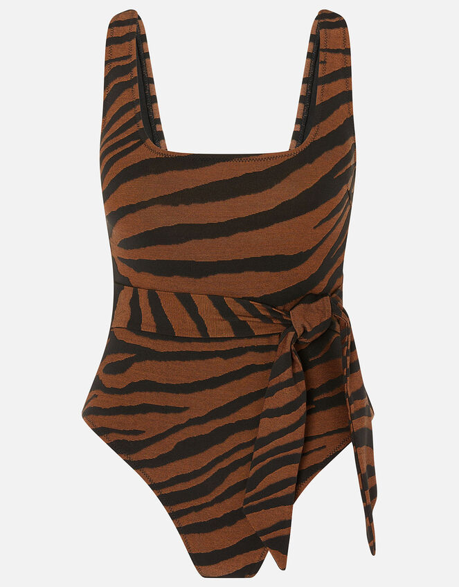 Tiger Print Tie Front Swimsuit, Orange (RUST), large