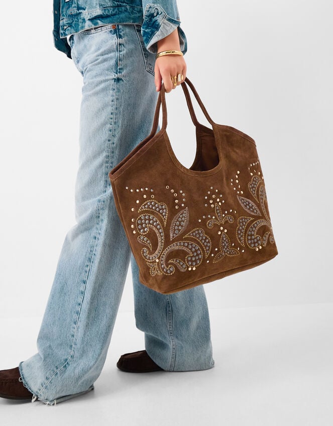 Stud Embroidered Suede Tote Bag, , large