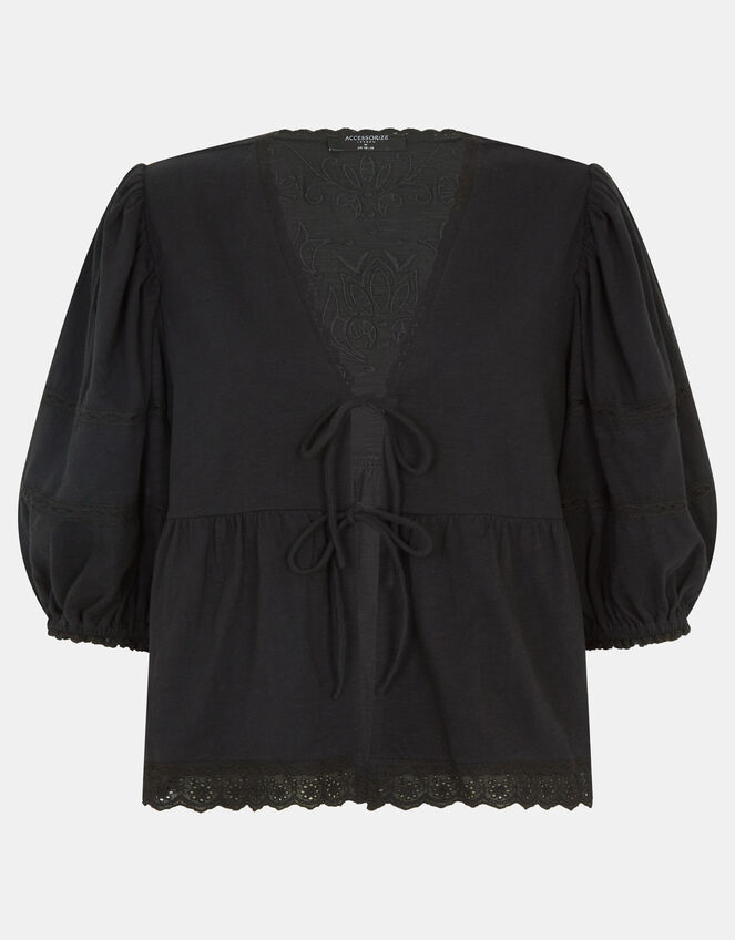 Puff Sleeve Tie Front Blouse, Black (BLACK), large