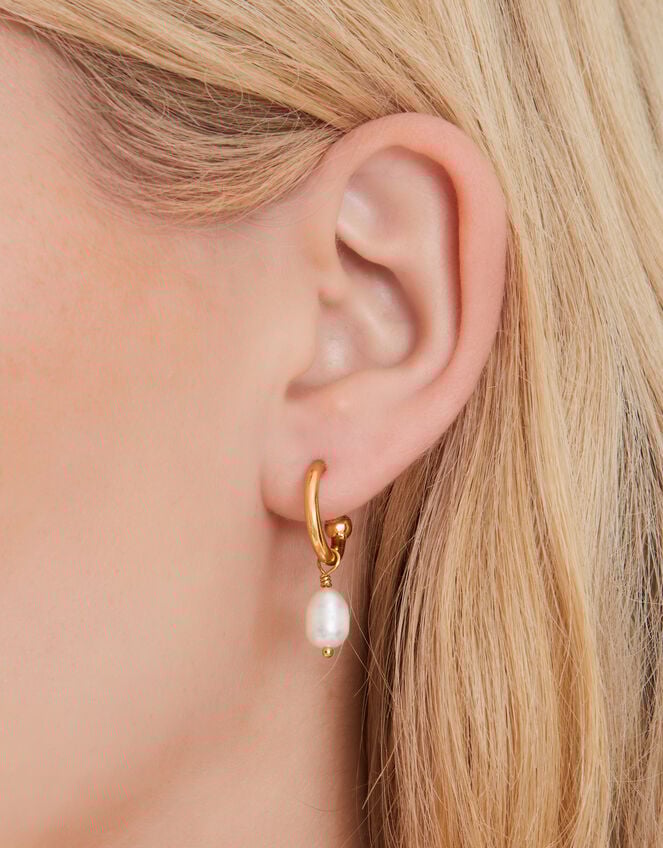 14ct Gold-Plated Pearl Drop Hoop Earrings, , large