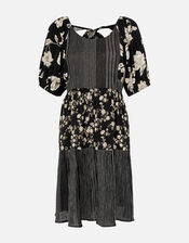 Monochrome Floral Puff Sleeve Mini Dress, Black (BLACK WHITE), large