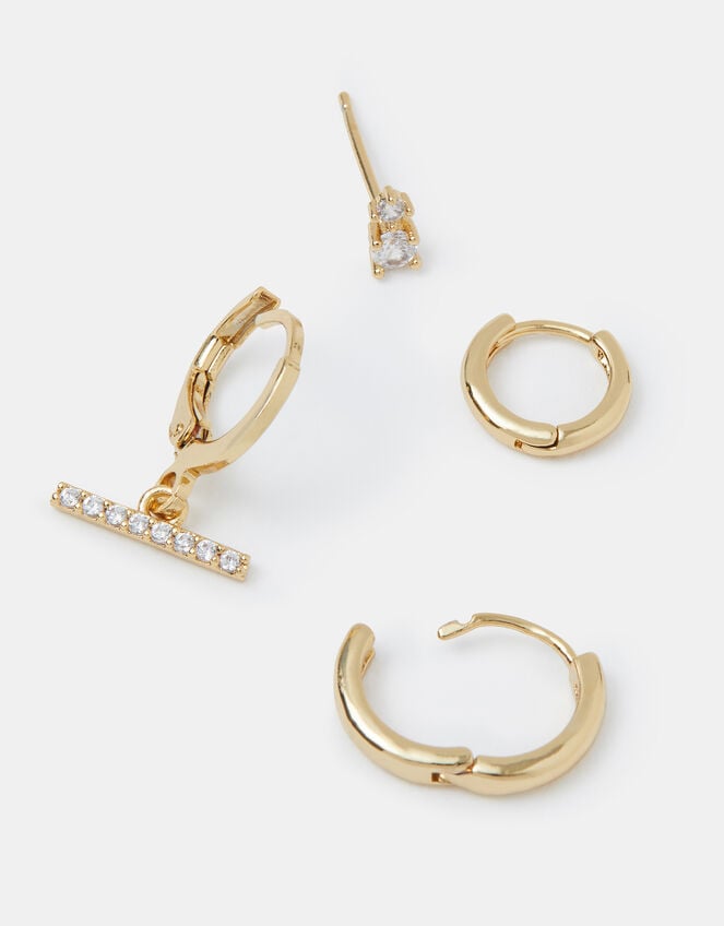 4-Pack 14ct Gold-Plated Stud & T-Bar Hoop Earrings, , large