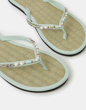 Bead Embellished Seagrass Flip Flops, Green (MINT), large