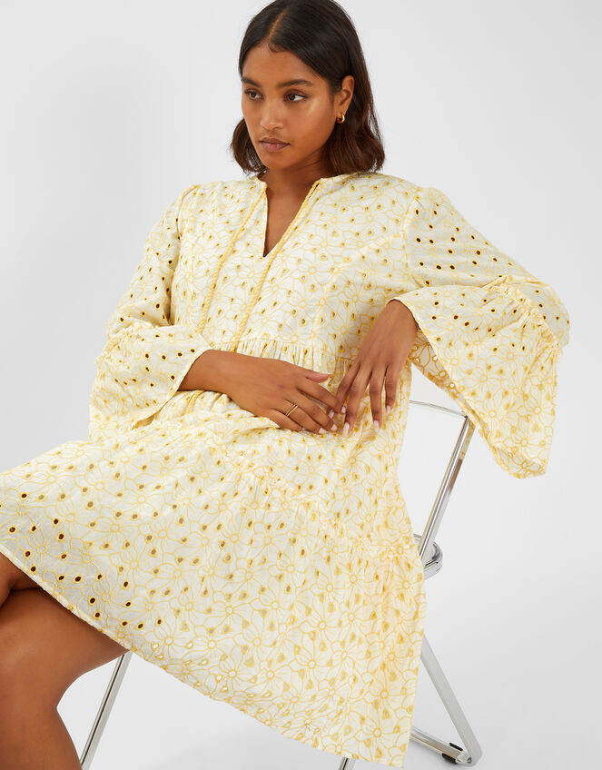 Broderie Flute-Sleeve Mini Dress, Yellow (YELLOW), large
