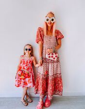 Shell Print Puff Sleeve Midi Dress, Orange (CORAL), large