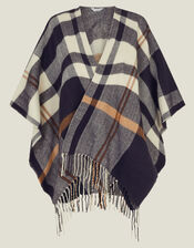 Check Cape Poncho, Blue (NAVY), large