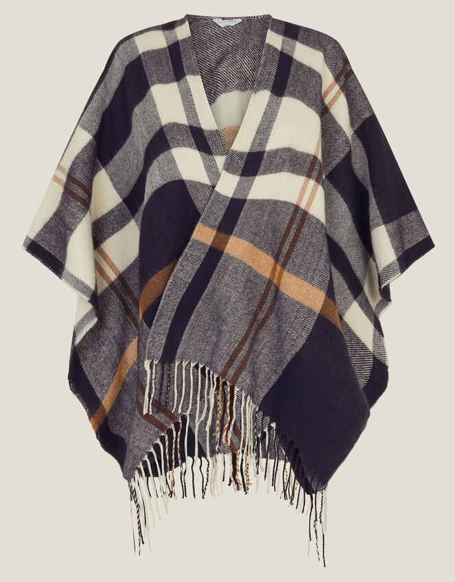Check Cape Poncho, Blue (NAVY), large