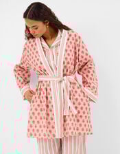 Block Print Cotton Short Dressing Gown , Pink (PINK), large