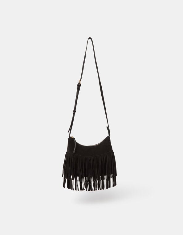 Fringe Suede Crossbody Bag, Black (BLACK), large