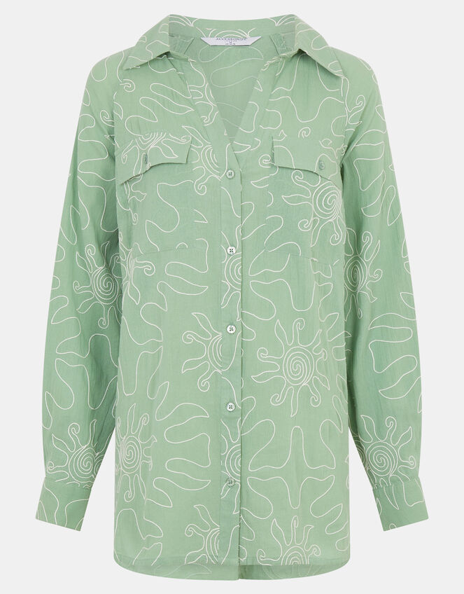 Sun Embroidered Beach Cover Up Shirt, Green (GREEN), large