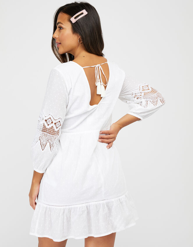 Lace Insert Smock Dress in Organic Cotton, White (WHITE), large