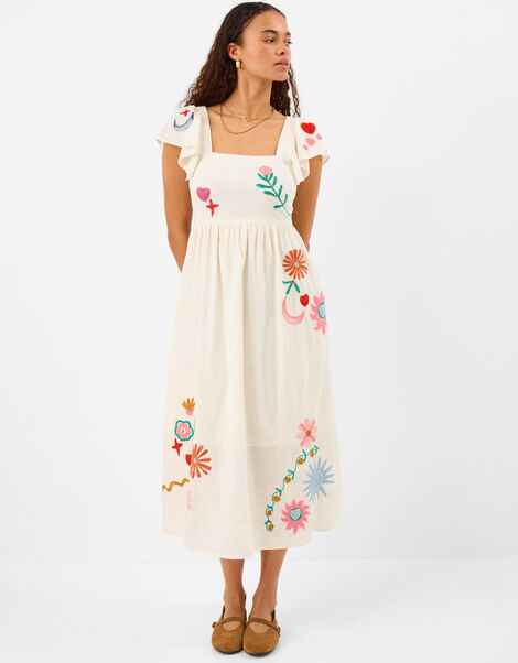 Floral Embroidered Midi Dress, Cream (CREAM), large