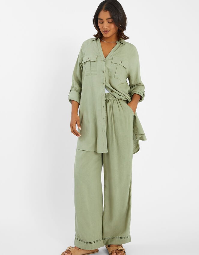Wide Leg Beach Trousers, Green (KHAKI), large