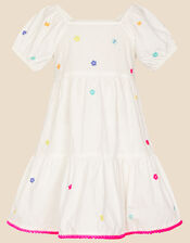 Girls Flower Embroidered Dress, White (WHITE), large