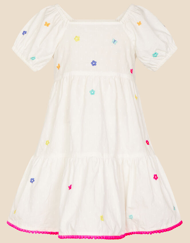 Girls Flower Embroidered Dress, White (WHITE), large