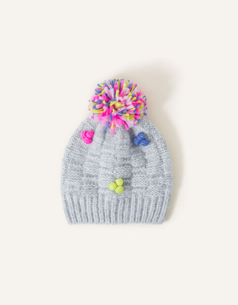 Pom-Pom Beanie Hat, Grey (GREY), large