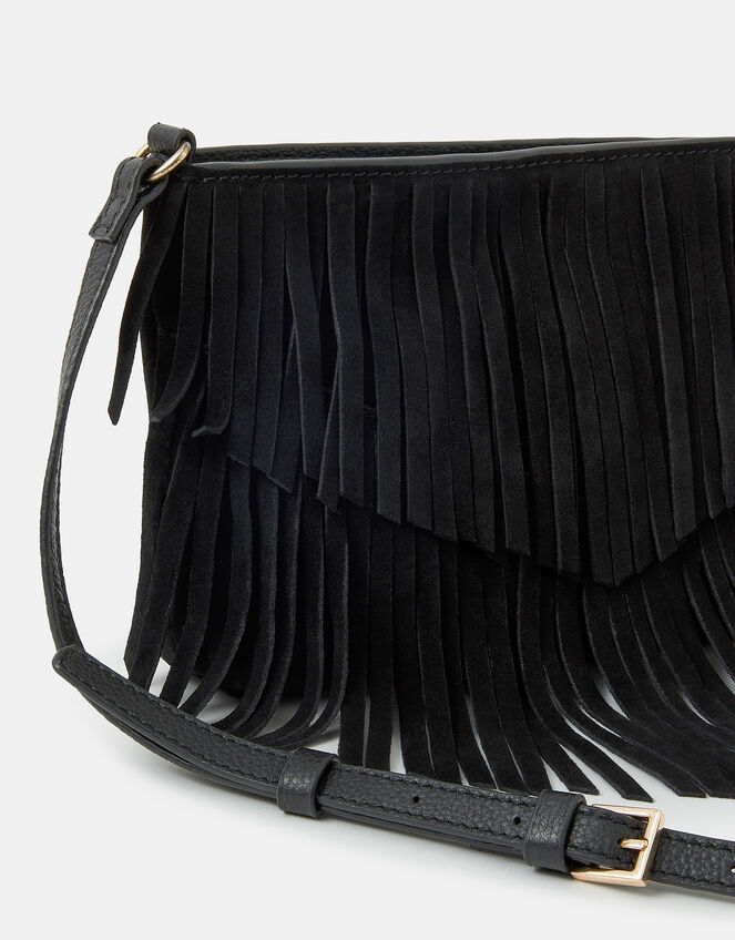 Suede Fringe Crossbody Bag, Black (BLACK), large