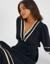 V-Neck Ric Rac Midi Dress, Black (BLACK), large