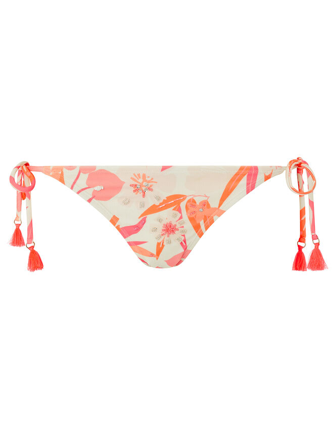Embellished Floral Bikini Briefs with Recycled Polyester, Orange (CORAL), large